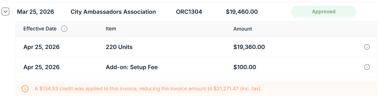 Invoice in Saasybill showing City Ambassadors Association, ORC1304