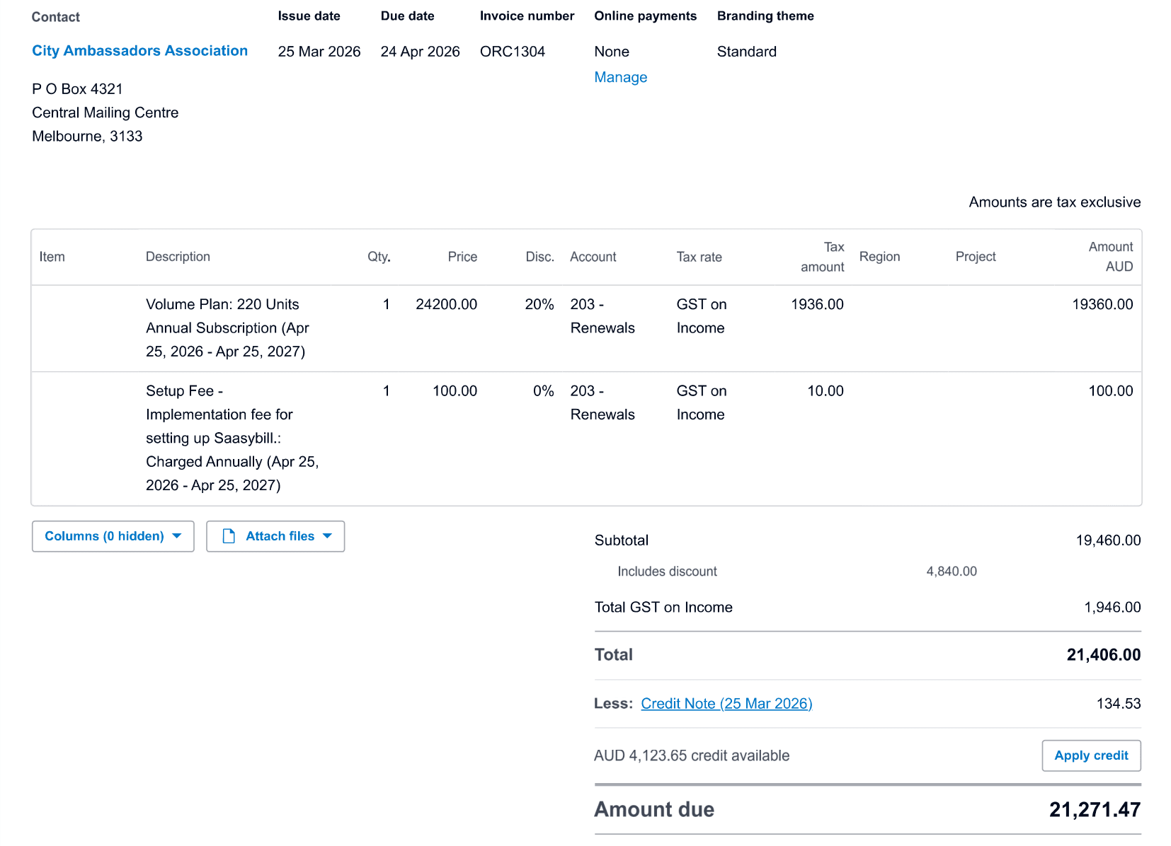 The same invoice in Xero showing City Ambassadors Association, ORC1304